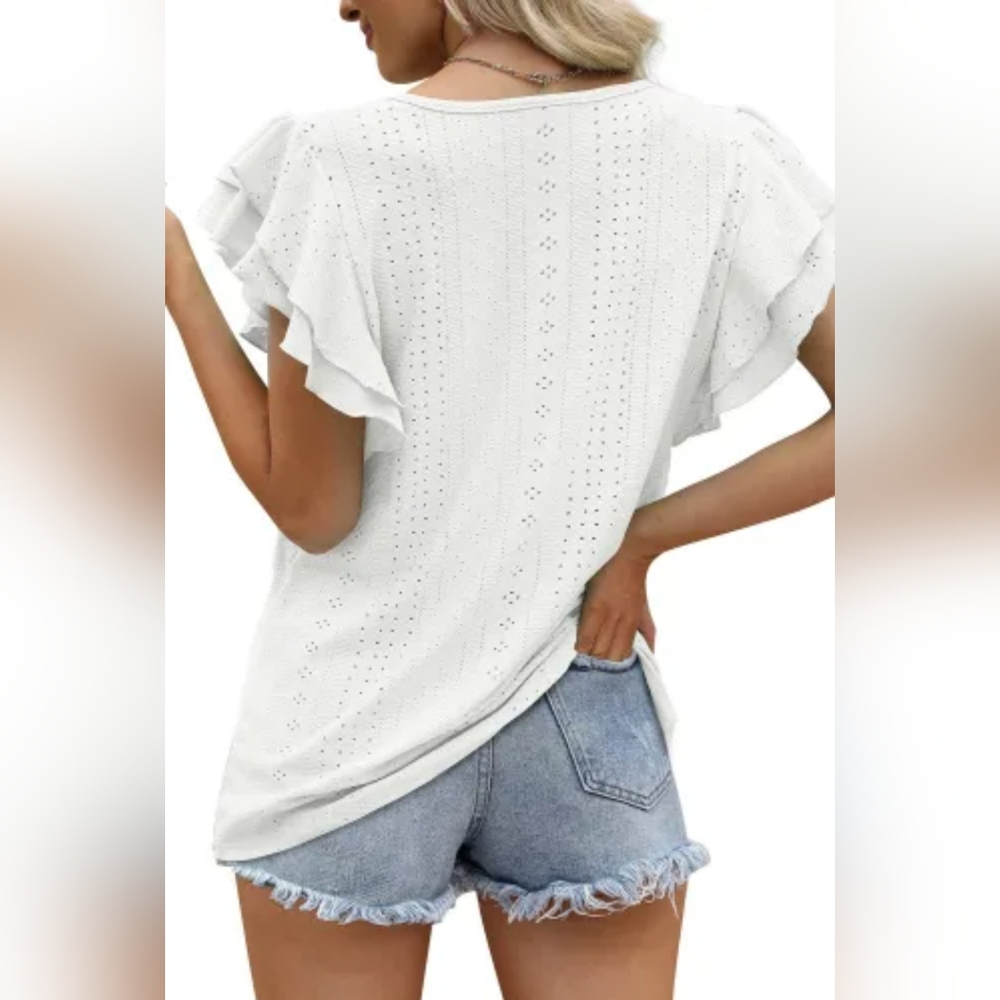 NEW! White Eyelet Textured Ruffle Short Sleeve Blouse - Picture 4 of 12